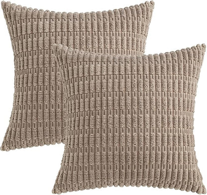 MIULEE Pack of 2 Corduroy Decorative Euro Sham Throw Pillow Covers 22x22 Inch Soft Boho Striped Pillow Covers Modern Farmhouse Home Decor for Sofa Living Room Couch Bed Light Brown