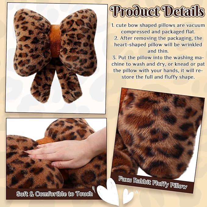 2 Pack Leopard Print Bow Throw Pillow Small Cheetah Print Love Pillows 13 x 10 Inch Faux Rabbit Fur Pillows Leopard Throw Bow Pillow for Valentine's Day, Wedding, Vintage Room Decorative