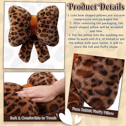 2 Pack Leopard Print Bow Throw Pillow Small Cheetah Print Love Pillows 13 x 10 Inch Faux Rabbit Fur Pillows Leopard Throw Bow Pillow for Valentine's Day, Wedding, Vintage Room Decorative