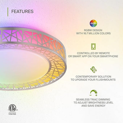 ASD 16 Inch Smart RGBW Flush Mount Ceiling Light with Remote - Brushed Nickel 28W 120V 2700-6500K Dimmable Ceiling Light Fixture, WiFi App Control RGB Lights, Alexa & Google Assistant - ETL, 4 Pack