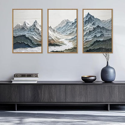 Large Snow Mountain River Framed Canvas Wall Art Set,Modern Abstract Nature Landscape Wall Decor,Neutral Blue and White Ridge Scenery Artwork for Living Room,Bedroom,Office-16 x24 x3