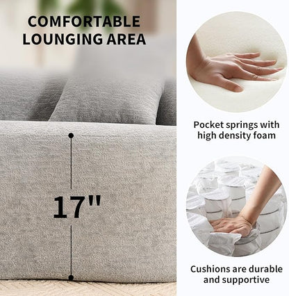 KEIKI Curved Chenille Modular Sectional Couches with Pillows, 4 Seater Oversized Upholstered Luxury Plush Cloud Sofa for Living Room Apartment, Full Compression Sponge,
