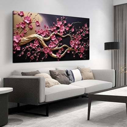 Ouzzlie Pink Wall Art for Living Room Large Plum Blossom Tree Picture Wall Decor Flower Canvas Art Print Black Artwork for Bedroom Office 29" x 59"
