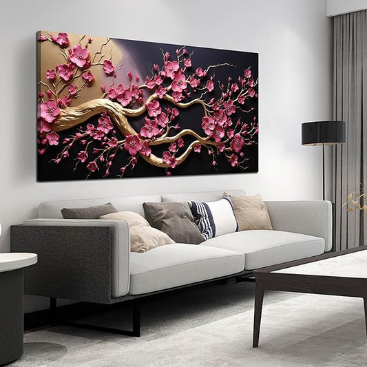 Ouzzlie Pink Wall Art for Living Room Large Plum Blossom Tree Picture Wall Decor Flower Canvas Art Print Black Artwork for Bedroom Office 29" x 59"