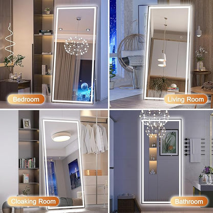 Hasipu Full Length Mirror with Lights, 71" x 24" LED Lighted Floor Standing, Full Body Dressing Hanging Mounted Mirror, Tempered Glass, Square White