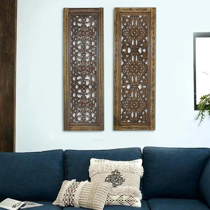 Floral Hand Carved Wooden Wall Panels Set of 2, Rustic Brown Decorative Wall Art for Living Room, Bedroom, Hallway & Home Décor, Vintage Rustic Finish Handmade Wooden Hanging Panels