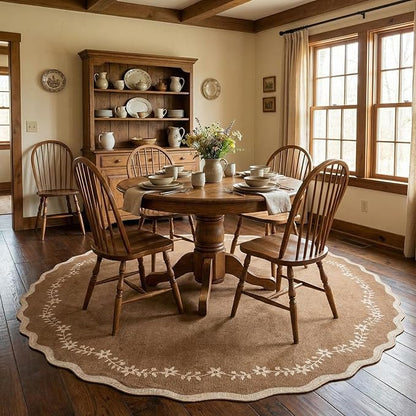 GarveeHome Round Area Rugs 5ft for Bedroom, Solid Brown Washable Circle Rug Soft Non Slip Floral Print Floor Mat Carpet Indoor Thin Rug for Kids Room Dining Room Playroom Nursery