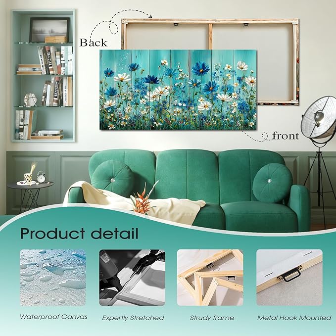 BQVCT Turquoise Blue and White Daisy Wall Art 30x58 Inch Large Gallery Wrapped Canvas Print Modern Floral Painting on Faux Wood Texture Ready to Hang for Living Room Bedroom Office Decor
