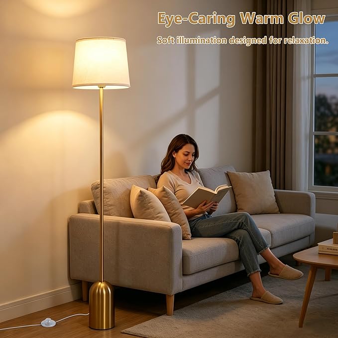 Gold Floor Lamps for Living Room, Dimmable Standing Lamp with Remote and Bulb, Modern Brass Tall Lamp with Heavy Metal Base, 3 Color Temperatures, Vintage Stand Up Light for Bedroom Reading Corner