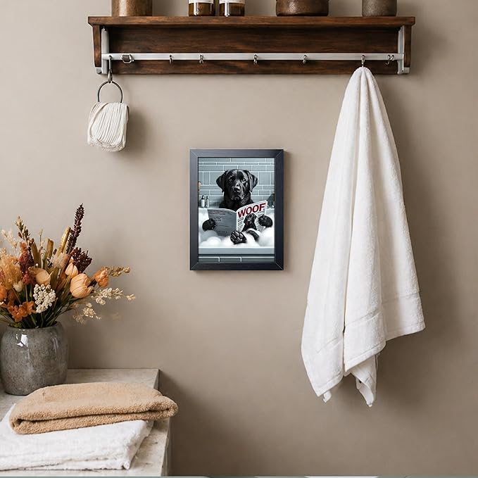 Framed Funny Dog Bathroom Canvas Wall Art, Black Labrador Reading Newspaper in Bathtub Poster Painting Print Picture, Humorous Animal Wall Decor for Modern Farmhouse Toilet Restroom Washroom 8x10 Inch