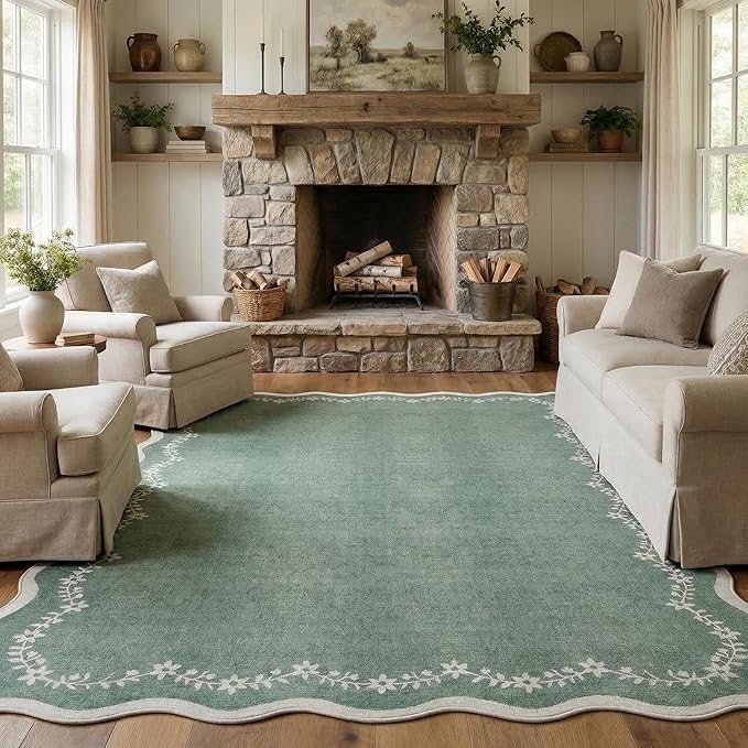 GarveeHome Scalloped Area Rugs 8x10 for Living Room, Sage Green Large Washable Rug Soft Non Slip Backing Floor Mat Carpet Indoor Thin Rug for Bedroom Dining Room Playroom Nursery Home Decor
