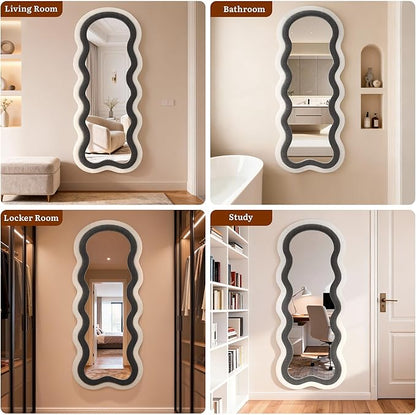Wavy Full Length Mirror, 63"×24" Full Body Mirror with Stand, Irregular Flannel Floor Mirror Hanging or Leaning Wall for Living Room/Bedroom/Dressing Room/Dorm,Ideal for Mom