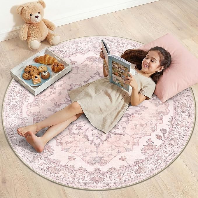 RELEANY Area Rugs Round 4ft Washable Non-Slip, Floral Vintage Distress Print Pattern Medallion Carpet for Living Room Bedroom Dining Room, Pink Greypink Cute