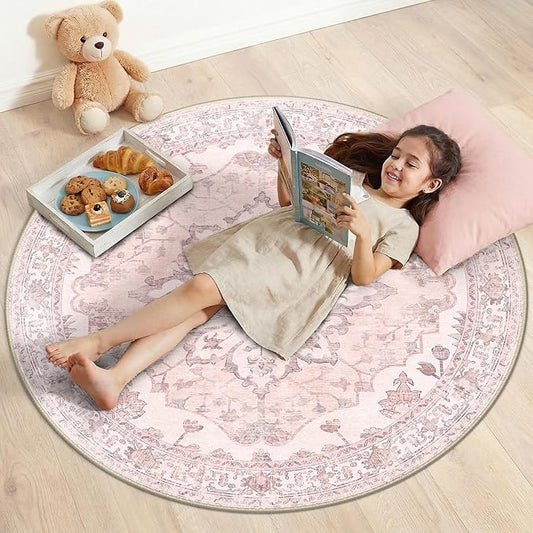 RELEANY Area Rugs Round 4ft Washable Non-Slip, Floral Vintage Distress Print Pattern Medallion Carpet for Living Room Bedroom Dining Room, Pink Greypink Cute