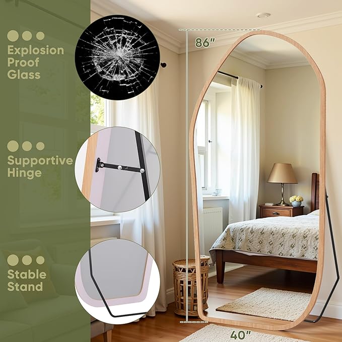 Suidia Full Length Mirror, Oversized Floor Mirror with Solid Wood Frame, Large Standing Mirror for Bedroom Living Room, Wood Art Style, Light Walnut, 86" L x 40" W