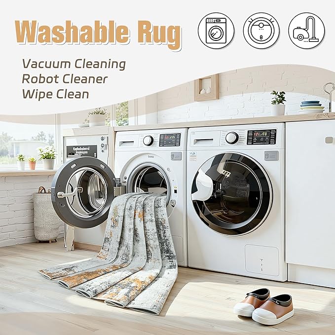 Area Rug 9x12 Living Room Rug Washable: No-Slip Abstract Soft Thin Large Grey Rugs, Indoor Floor Stain Resistant Modern Carpet for Bedroom Dining Room Farmhouse Nursery Home Office (Grey, 9'x12')