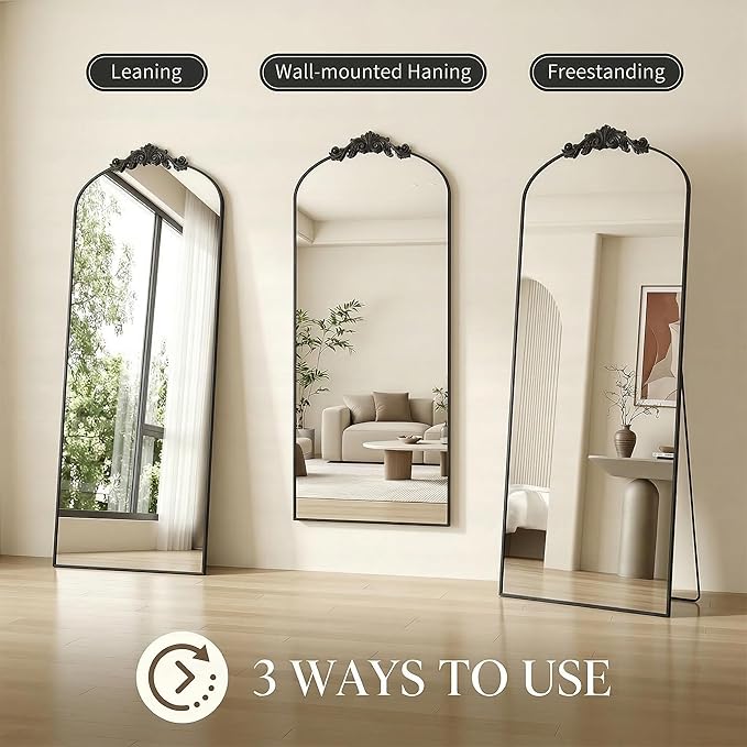 Antok Arched Full Length Mirror, 64"x21" Floor Mirror with Carved, Full Body Mirrors for HomeDecor, Standing/Halling Large Wall Mirror for Bedroom, Living Room, Cloakroom, Black, Vintage Style