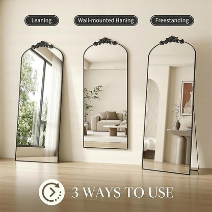 Antok Arched Full Length Mirror, 64"x21" Floor Mirror with Carved, Full Body Mirrors for HomeDecor, Standing/Halling Large Wall Mirror for Bedroom, Living Room, Cloakroom, Black, Vintage Style