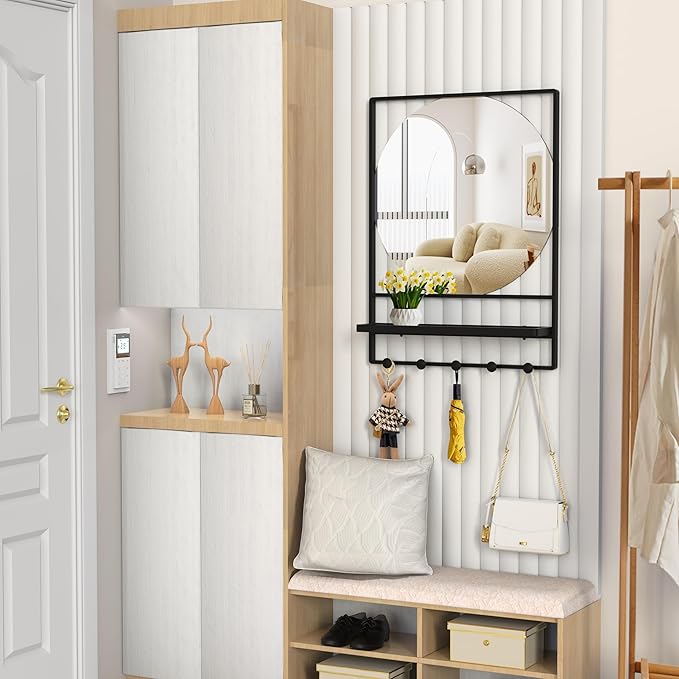 Wall Mirror with Shelf and Hooks, 21" X 28" Metal Framed Bathroom Mirror with Shelf, Decorative Mirror for Bathroom, Entryway, Bedroom, Living Room (Black, 21 x 28)