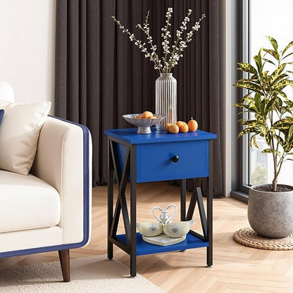 VECELO Nightstands, Modern Bedside End Tables Set of 2, Night Stand with Drawer and Storage Shelf for Living Room Bedroom, Industrial Metal Frame