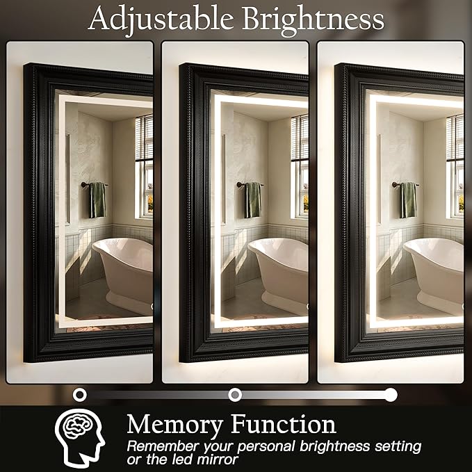 ROLOVE 24x35 Inch Antique Rectangle Wall Mirror with Lights, Ornate Waterproof Frame, Vintage Mirror for Over Sink with Anti-Fog, Plug-in/Hardwired, Shatterproof Glass, Baroque Mirror for Wall Decor