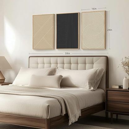 Framed Neutral Abstract Wall Art for Living Room, Set of 3 Piece Boho Modern Beige Canvas Artworks for Walls, Minimalist Geometric Painting Prints for Bedroom Hallway Home Office Wall Decor, 16x24 In