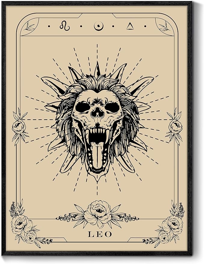 SERIMINO Witchy Framed Wall Art, Leo Tarot Canvas Prints Paintings, Horoscope Dark Academia Home Decor Aesthetic, 12X16inch Gothic Wall Decor for Room