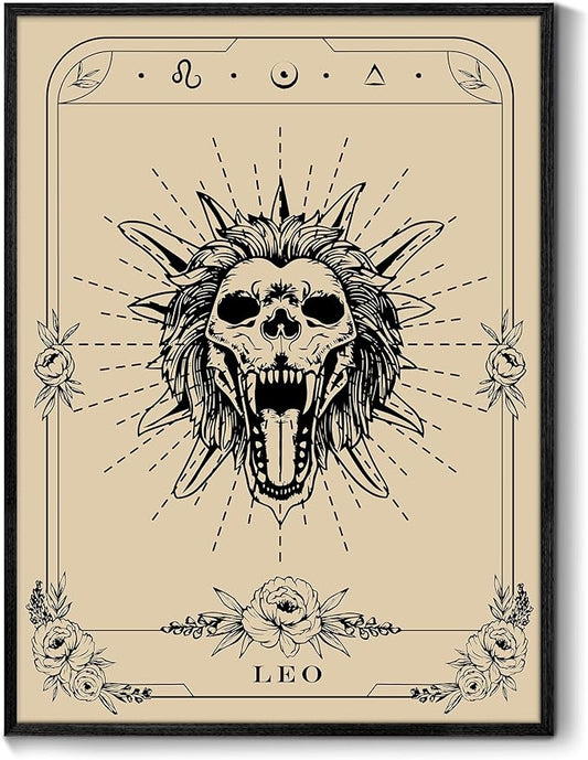 SERIMINO Witchy Framed Wall Art, Leo Tarot Canvas Prints Paintings, Horoscope Dark Academia Home Decor Aesthetic, 16x24inch Gothic Wall Decor for Room