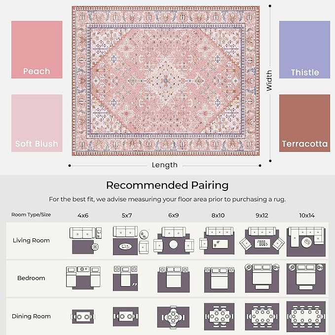 Kokia 6x9 Area Rugs for Living Room, Machine Washable Low Pile Rug, Non Slip Backing Boho Rugs for Bedroom, Printed Soft Vintage Carpet Peach Pink 6 x 9