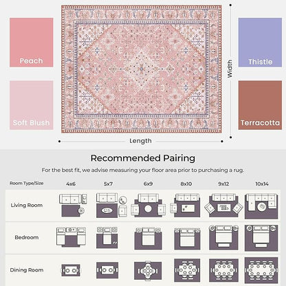 Kokia 6x9 Area Rugs for Living Room, Machine Washable Low Pile Rug, Non Slip Backing Boho Rugs for Bedroom, Printed Soft Vintage Carpet Peach Pink 6 x 9