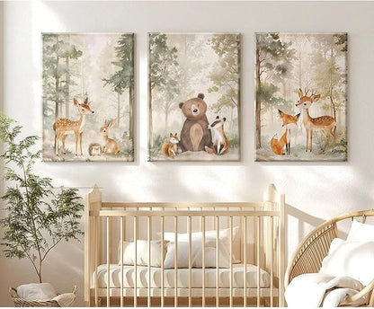 Woodland Nursery Wall Art Decor Animal Forest Canvas Prints Baby Boy Room Wall Decor Bear Nursery Nature Pictures Deer Prints Artwork for Boy Girl Kids Bedroom 12x16 Inch Wrapped Canvas Set of 3
