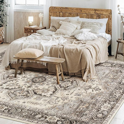 Area Rug for Living Room - 9x12 Soft Machine Washable Oriental Vintage Floral Distressed Large Indoor Floor Carpet for Bedroom Under Dining Table Home Office Decor - Grey Brown