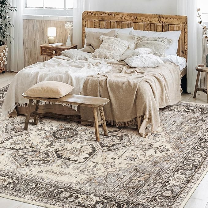 Area Rug 5x7 for Living Room - Washable Oriental Vintage Floral Distressed Large Indoor Carpets with Non Slip Back for Bedroom Dining Room Nursery Office Home Decor - Grey Brown