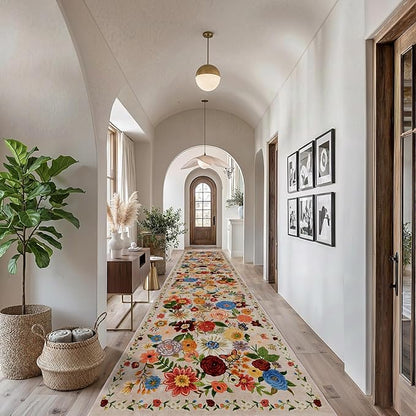 Rug for Hallways Kitchen Rug 2'6" x 14', Non Slip Washable Rugs with Rubber Backing Soft Floral Carpet Runner for Hallways, Kitchen, Laundry, Bedroom, Bathroom, Beige Garden