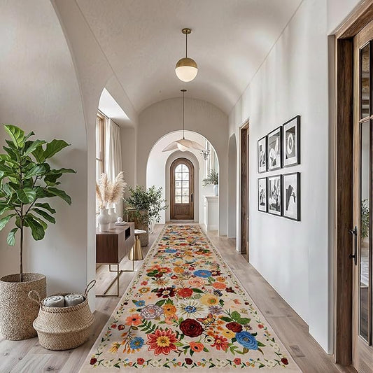 Rug for Hallways Kitchen Rug 2'6" x 14', Non Slip Washable Rugs with Rubber Backing Soft Floral Carpet Runner for Hallways, Kitchen, Laundry, Bedroom, Bathroom, Beige Garden