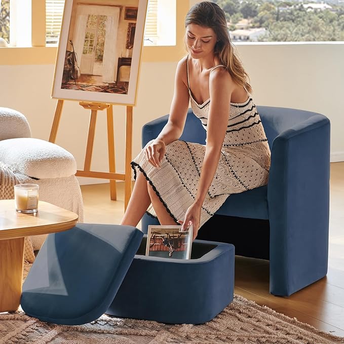 COLAMY Morden Velvet Living Room Side Chair with Storage Ottoman Set of 2, Single Sofa Armchair with Lounge Seat, Upholstered Barrel Accent Chair for Bedroom/Office/Reading Spaces, Blue