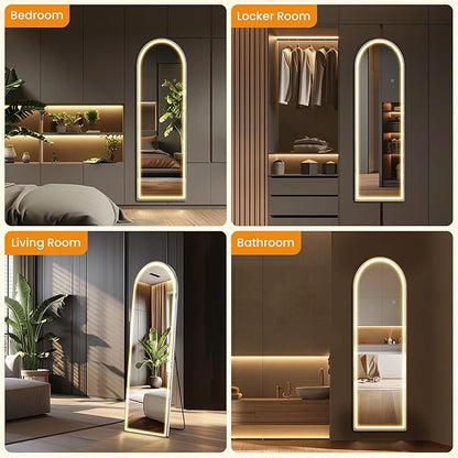 Arched Full Length Mirror with Stand 16"×60", Upgraded Full Body Mirrors with LED Light 3 Color Lighting, Floor Standing, Hanging or Leaning Modern Simple Home Wall Decor, White