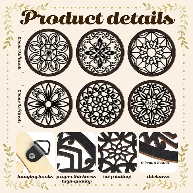 Ferraycle 6 Pieces Thicken Rustic Wall Decor Farmhouse Wall Art Wooden Round Art Hanging Decoration Hollow Carved for Living Room Bedroom Kitchen Office Apartment Hallway(Black Brown)