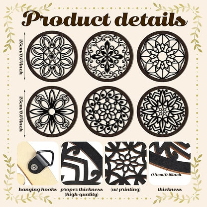 Ferraycle 6 Pieces Thicken Rustic Wall Decor Farmhouse Wall Art Wooden Round Art Hanging Decoration Hollow Carved for Living Room Bedroom Kitchen Office Apartment Hallway(Black Brown)
