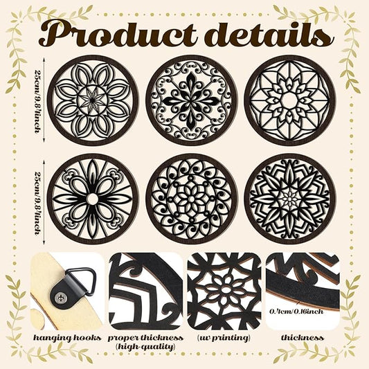 Ferraycle 6 Pieces Thicken Rustic Wall Decor Farmhouse Wall Art Wooden Round Art Hanging Decoration Hollow Carved for Living Room Bedroom Kitchen Office Apartment Hallway(Black Brown)