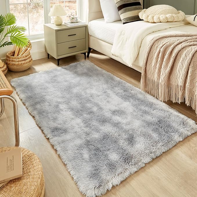 Floralux 4x6 Shag Rug, Tie-Dye Light Grey, Modern Fluffy Rugs for Bedroom, Soft Plush Carpet for Living Room, Nursery Kids Room, Home Dorm Decor Aesthetic, Area Rugs