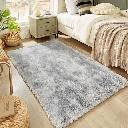 Floralux 4x6 Shag Rug, Tie-Dye Light Grey, Modern Fluffy Rugs for Bedroom, Soft Plush Carpet for Living Room, Nursery Kids Room, Home Dorm Decor Aesthetic, Area Rugs
