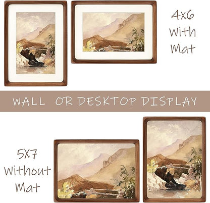 5x7 Picture Frame with Mat for 4x6, Natural Walnut Wood Handcrafted Rounded Corner with Real Glass, Vertical or Horizontal Display Photo Gallery Wall & Tabletop Frame