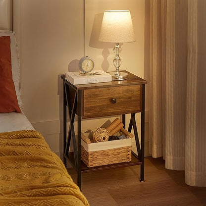 VECELO Nightstand,Modern Bedside End Table, Night Stand with Drawer and Storage Shelf for Living Room Bedroom, Industrial Metal Frame
