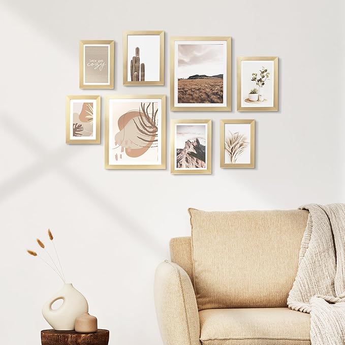 ArtbyHannah Gallery Wall Frame Set,Gold Picture Frames Collage Wall Decor with Neutural Art for Living Room Stariway,8 Pack Assorted Size 8"x10",5"x7",4"x6", Small