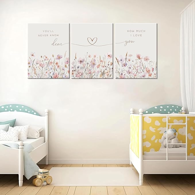 3Pcs Wildflower Nursery Canvas Wall Art Flower Botanical Sentence Poster Painting Picture Wall Decor Boho Girl Nurseries Print Artwork for Nursery Baby Room Living Room Bedroom Home Decoration16x24in