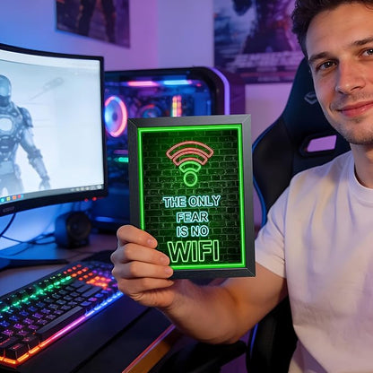 Framed Gamer Wall Art, Boys Game Room Wall Decor Painting, The Only Fear Is No WiFi Neon Canvas Print Picture, Green LED Style Gaming Room Decor Oil Painting for Kids Teens Bedroom 8x10 Inch