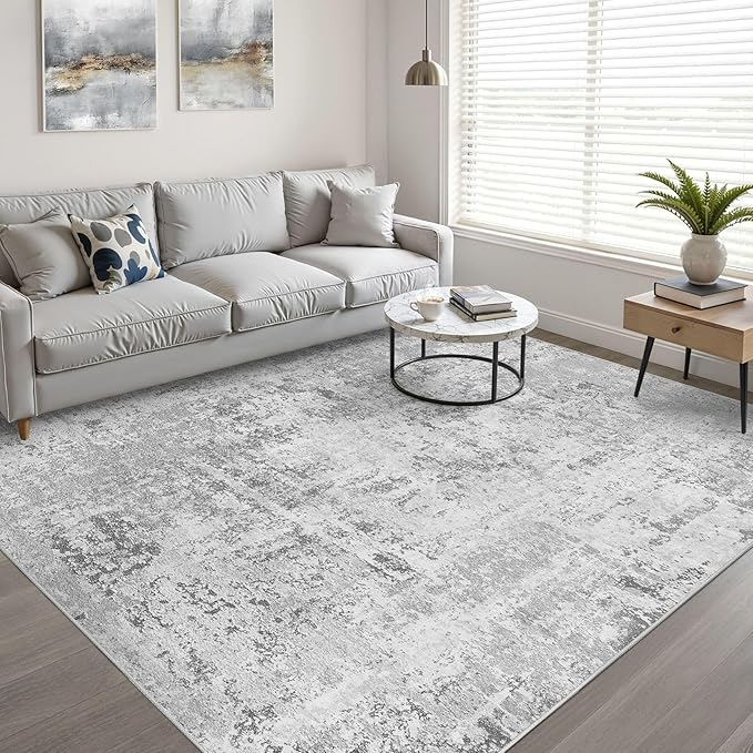 7x10 Area Rug Living Room: Washable Large Neutral Rug Abstract Soft Modern Stain Resistant Indoor Floor Non-Slip Carpet for Bedroom Nursery Kids Office Playroom Dining Room Under Table- Light Gray