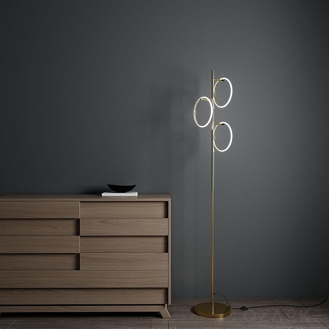 Ozarke Neo Modern Floor Lamp - Mid Century Minimalist Decor Stand Light for Living Room, Bedroom & Home Office, Dimmable Contemporary Tall Lighting with 3 LED Lights - Warm 27000K (Gold)