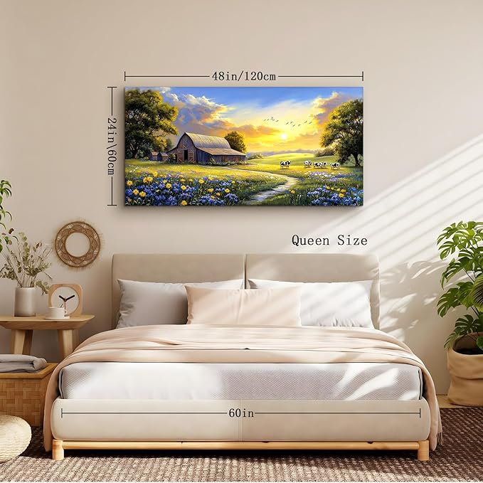 crmotu Rustic Nature Landscape Wall Art, Animal Cow Cottage Large Artwork, Country Meadow Wildflower Canvas Prints, Farm Sunset Aesthetic Pictures Wall Decor Living Room Bedroom Farmhouse 24X48 In